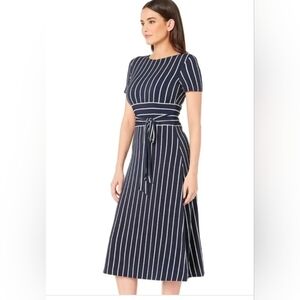 Lauren Ralph Lauren Midi Sheath Striped Navy Dress Size 8 Belted